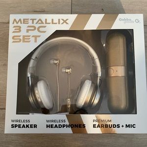 Gabba Goods Metallix Gold 3 Piece Wireless Speaker,Headphones,Earbuds & Mic Set
